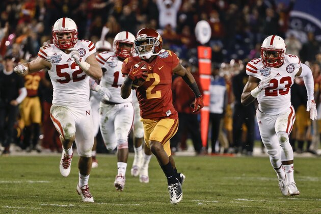 Southern California's Adoree' Jackson breaks loose on a 71-yard touchdown reception against Nebraska during the second half of the Holiday Bowl NCAA college football game Saturday, Dec. 27, 2014, in San Diego. Southern California won 45-42. (AP Photo/Lenny Ignelzi)