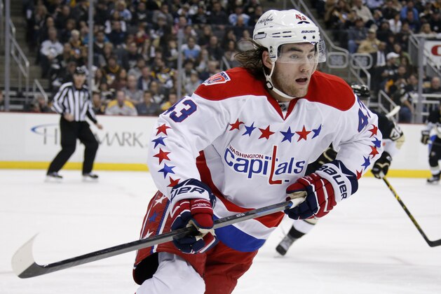 Washington Capitals' Tom Wilson (43) skates during the second period of an NHL hockey game against the Pittsburgh Penguins in Pittsburgh Saturday, Dec. 27, 2014. The Penguins won 3-0. (AP Photo/Gene J. Puskar)