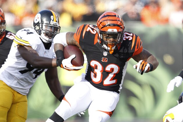 Cincinnati Bengals running back Jeremy Hill (32) runs during the first half of an NFL football game against the Pittsburgh Steelers Sunday, Dec. 7, 2014 in Cincinnati. (AP Photo/Frank Victores)