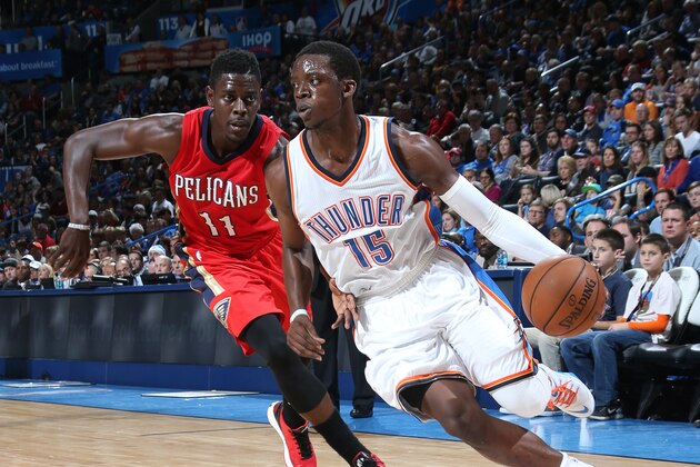 OKLAHOMA CITY, OK- DECEMBER 21: Reggie Jackson #15 of the Oklahoma City Thunder handles the ball against the New Orleans Pelicans on December 21, 2014 at Chesapeake Energy Arena in Oklahoma City, OK. NOTE TO USER: User expressly acknowledges and agrees that, by downloading and or using this photograph, User is consenting to the terms and conditions of the Getty Images License Agreement. Mandatory Copyright Notice: Copyright 2014 NBAE (Photo by Layne Murdoch/NBAE via Getty Images)