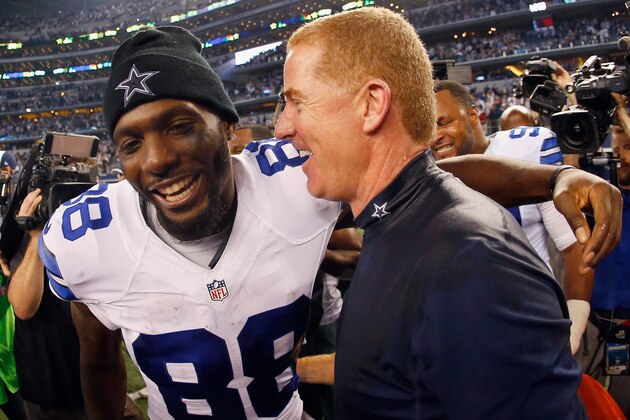 ARLINGTON, TX - DECEMBER 21:   Dez Bryant #88 of the Dallas Cowboys celebrates with head coach Jason Garrett of the Dallas Cowboys after the Cowboys beat the Colts 42-7 at AT&T Stadium on December 21, 2014 in Arlington, Texas.  (Photo by Tom Pennington/Getty Images)
