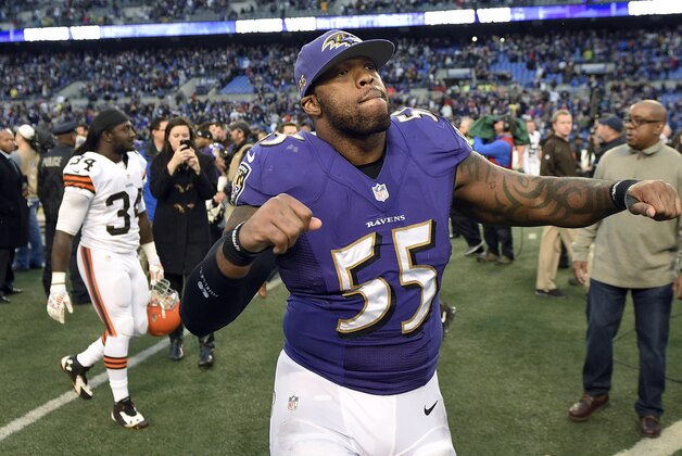 Baltimore Ravens outside linebacker Terrell Suggs dances on the field after an NFL football game against the Cleveland Browns, Sunday, Dec. 28, 2014, in Baltimore. Baltimore won 20-10. (AP Photo/Nick Wass)