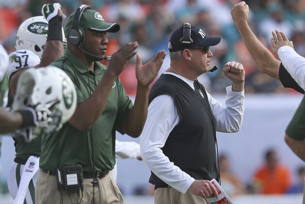 MIAMI GARDENS, FL - DECEMBER 28:  Head coach Rex Ryan of the New York Jets reacts after a defensive play on third down in the second quarter during a game against the Miami Dolphins at Sun Life Stadium on December 28, 2014 in Miami Gardens, Florida.  (Photo by Mike Ehrmann/Getty Images)