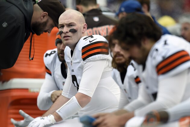 Cleveland Browns quarterback Connor Shaw sits on the bench in the first half of an NFL football game against the Baltimore Ravens, Sunday, Dec. 28, 2014, in Baltimore. (AP Photo/Gail Burton)