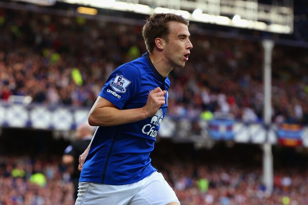 LIVERPOOL, ENGLAND - OCTOBER 18:  Seamus Coleman of Everton celebrates scoring their third goal during the Barclays Premier League match between Everton and Aston Villa at Goodison Park on October 18, 2014 in Liverpool, England.  (Photo by Jan Kruger/Getty Images)
