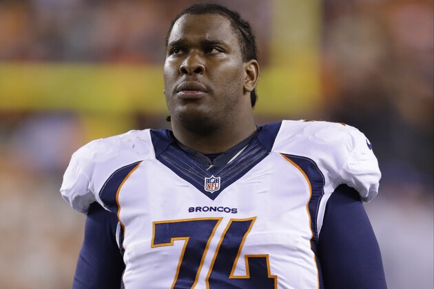 Denver Broncos guard Orlando Franklin before the start of an NFL football game between the Cincinnati Bengals and the Denver Broncos Monday, Dec. 22, 2014, in Cincinnati. (AP Photo/Michael Conroy)