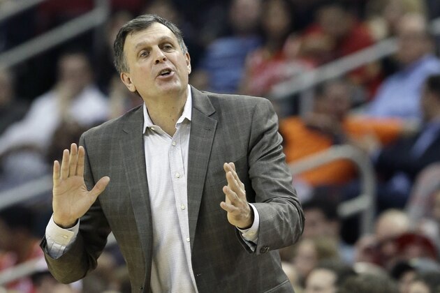 Houston Rockets head coach Kevin McHale questions a foul call in the first half of an NBA basketball game against the Portland Trail Blazers Monday, Dec. 22, 2014, in Houston. (AP Photo/Pat Sullivan)