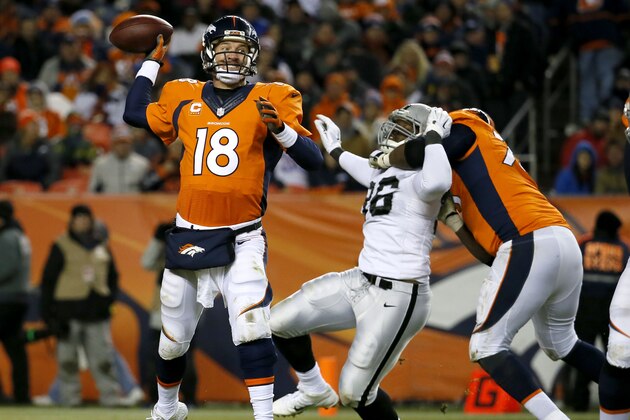 Denver Broncos quarterback Peyton Manning throws (18) during the second half of an NFL football game against the Oakland Raiders, Sunday, Dec. 28, 2014, in Denver. (AP Photo/Jack Dempsey)