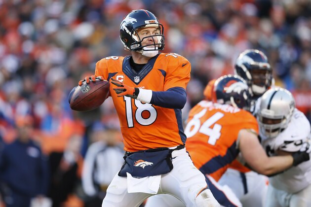 Denver Broncos quarterback Peyton Manning (18) throws against the Oakland Raiders during the first half of an NFL football game, Sunday, Dec. 28, 2014, in Denver. (AP Photo/Joe Mahoney)