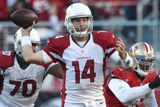 December 28, 2014; Santa Clara, CA, USA; Arizona Cardinals quarterback Ryan Lindley (14) passes the football against San Francisco 49ers outside linebacker Corey Lemonier (96) during the fourth quarter at Levi's Stadium. Mandatory Credit: Kyle Terada-USA TODAY Sports