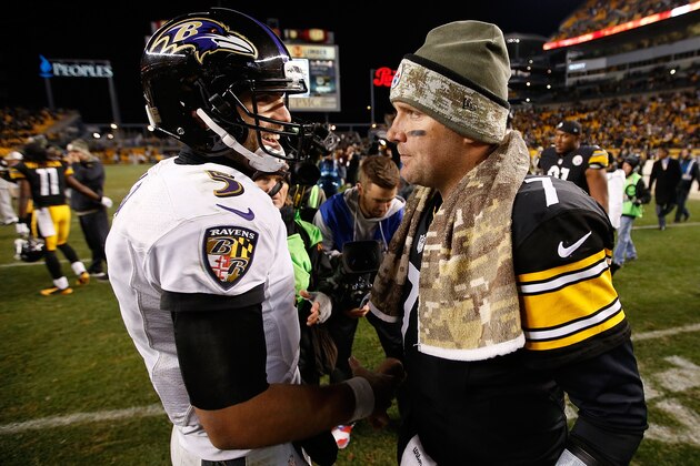 PITTSBURGH, PA - NOVEMBER 02:  Ben Roethlisberger #7 of the Pittsburgh Steelers is congratulated by Joe Flacco #5 of the Baltimore Ravens after a 43-23 win at Heinz Field on November 2, 2014 in Pittsburgh, Pennsylvania.  (Photo by Gregory Shamus/Getty Images)