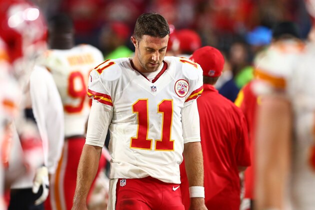 Dec 7, 2014; Glendale, AZ, USA; Kansas City Chiefs quarterback Alex Smith (11) reacts on the sidelines in the final minute of the fourth quarter against the Arizona Cardinals at University of Phoenix Stadium. The Cardinals defeated the Chiefs 17-14. Mandatory Credit: Mark J. Rebilas-USA TODAY Sports