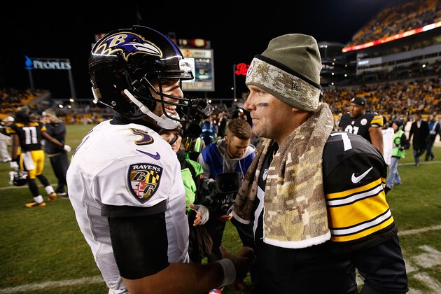 PITTSBURGH, PA - NOVEMBER 02:  Ben Roethlisberger #7 of the Pittsburgh Steelers is congratulated by Joe Flacco #5 of the Baltimore Ravens after a 43-23 win at Heinz Field on November 2, 2014 in Pittsburgh, Pennsylvania.  (Photo by Gregory Shamus/Getty Images)
