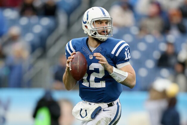 NASHVILLE, TN - DECEMBER 28:  Andrew Luck #12 of the Indianapolis Colts throws a pass during the game against the Tennessee Titans at LP Field on December 28, 2014 in Nashville, Tennessee.  (Photo by Andy Lyons/Getty Images)