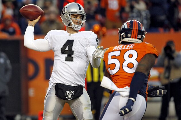 Oakland Raiders quarterback Derek Carr (4) throws under pressure from Denver Broncos outside linebacker Von Miller (58) during the second half of an NFL football game, Sunday, Dec. 28, 2014, in Denver. (AP Photo/Jack Dempsey)