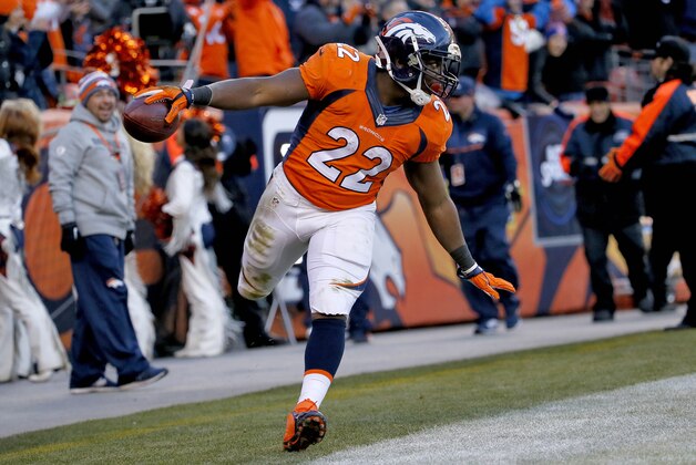 Denver Broncos running back C.J. Anderson celebrates his touchdown against the Oakland Raiders during the second half of an NFL football game, Sunday, Dec. 28, 2014, in Denver. (AP Photo/Jack Dempsey)