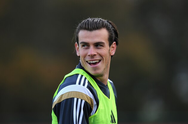 CARDIFF, WALES - NOVEMBER 15:  Wales player Gareth Bale raises a smile during Wales football training ahead of tomorrow's UEFA Euro 2016 qualifying match against Belguim on November 15, 2014 in Cardiff, Wales.  (Photo by Stu Forster/Getty Images)