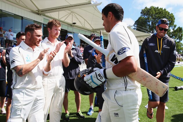 CHRISTCHURCH, NEW ZEALAND - DECEMBER 29:  Ross Taylor of New Zealand walks off after winning the First Test match between New Zealand and Sri Lanka at Hagley Oval on December 29, 2014 in Christchurch, New Zealand.  (Photo by Hannah Peters/Getty Images)