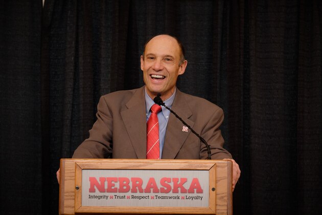 LINCOLN, NE - DECEMBER 5:  Mike Riley, newly hired head football coach at the University of Nebraska, talks with members of the media during a press conference inside Memorial Stadium December 5, 2014 in Lincoln, Nebraska.   (Photo by Eric Francis/Getty Images)