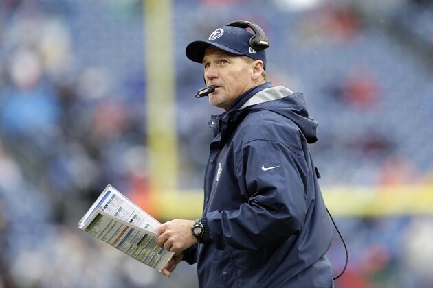 Tennessee Titans head coach Ken Whisenhunt looks at the scoreboard in the second half of an NFL football game against the Indianapolis Colts Sunday, Dec. 28, 2014, in Nashville, Tenn. (AP Photo/Sanford Myers)