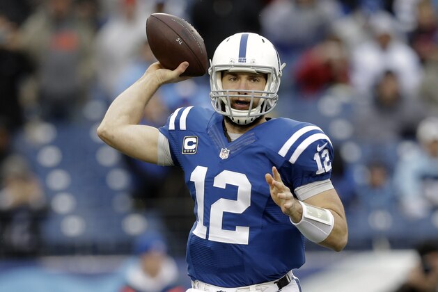 Indianapolis Colts quarterback Andrew Luck passes against the Tennessee Titans in the first half of an NFL football game Sunday, Dec. 28, 2014, in Nashville, Tenn. (AP Photo/Sanford Myers)