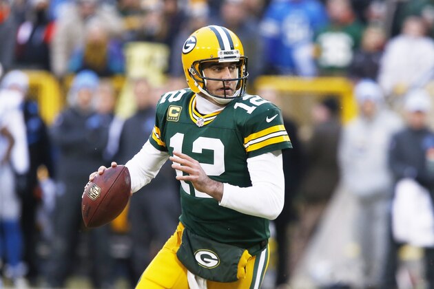 Green Bay Packers' Aaron Rodgers during the first half of an NFL football game against the Detroit Lions Sunday, Dec. 28, 2014, in Green Bay, Wis. (AP Photo/Matt Ludtke)