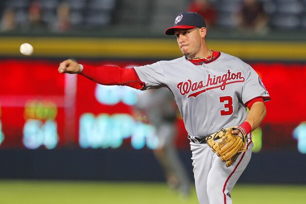 Washington Nationals second baseman Asdrubal Cabrera (3) throws out Atlanta Braves Phil Gosselin (15) in the eighth inning of a baseball game Monday, Sept. 15, 2014, in Atlanta. (AP Photo/Todd Kirkland)