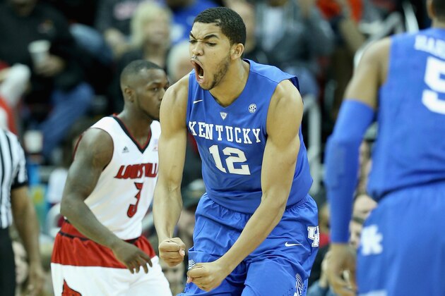 LOUISVILLE, KY - DECEMBER 27:  Karl-Anthony Towns #12  of the Kentucky Wilcats celebrates during the game against the Louisville Cardinals at KFC YUM! Center on December 27, 2014 in Louisville, Kentucky.  (Photo by Andy Lyons/Getty Images)