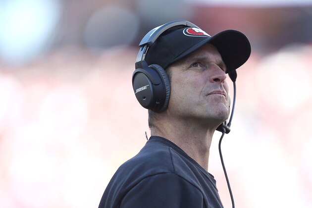SANTA CLARA, CA - DECEMBER 28:  Head coach Jim Harbaugh of the San Francisco 49ers watches the action against the Arizona Cardinals in the first half at Levi's Stadium on December 28, 2014 in Santa Clara, California.  (Photo by Don Feria/Getty Images)