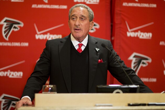Atlanta Falcons owner Arthur Blank speaks at a news conference announcing that Mike Smith has been fired as head coach of the football team, Monday, Dec. 29, 2014, in Atlanta. (AP Photo/David Goldman)