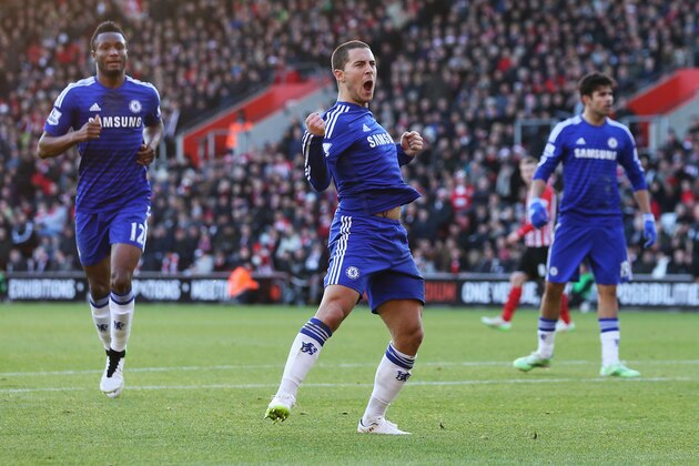 SOUTHAMPTON, ENGLAND - DECEMBER 28: Eden Hazard of Chelsea celebrates scoring his goal during the Barclays Premier League match between Southampton and Chelsea at St Mary's Stadium on December 28, 2014 in Southampton, England.  (Photo by Scott Heavey/Getty Images)