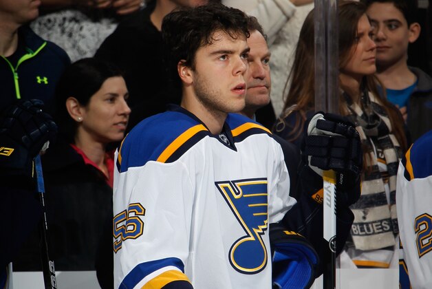 UNIONDALE, NY - DECEMBER 06:  Magnus Paajarvi #56 of the St. Louis Blues waits for play to begin against the New York Islanders at the Nassau Veterans Memorial Coliseum on December 6, 2014 in Uniondale, New York.  (Photo by Bruce Bennett/Getty Images)