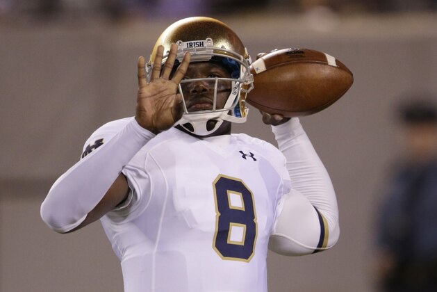 Notre Dame quarterback Malik Zaire warms up prior to an NCAA college football game against Syracuse, Saturday, Sept. 27, 2014, in East Rutherford, N.J. (AP Photo/Julio Cortez) Notre Dame quarterback Malik Zaire warms up prior to an NCAA college football game against Syracuse, Saturday, Sept. 27, 2014, in East Rutherford, N.J. (AP Photo/Julio Cortez)