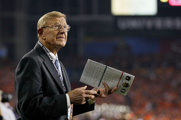 GLENDALE, AZ - JANUARY 10:  ESPN reporter Lou Holtz looks on during the Tostitos BCS National Championship Game between the Oregon Ducks and the Auburn Tigers at University of Phoenix Stadium on January 10, 2011 in Glendale, Arizona.  (Photo by Kevin C. Cox/Getty Images)