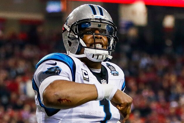 ATLANTA, GA - DECEMBER 28:  Cam Newton #1 of the Carolina Panthers celebrates a touchdown in the first half against the Atlanta Falcons at the Georgia Dome on December 28, 2014 in Atlanta, Georgia.  (Photo by Kevin C. Cox/Getty Images)