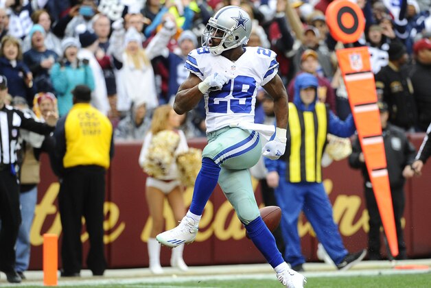 Dec 28, 2014; Landover, MD, USA; Dallas Cowboys running back DeMarco Murray (29) celebrates after scoring a touchdown against the Washington Redskins during the first half at FedEx Field. Mandatory Credit: Brad Mills-USA TODAY Sports