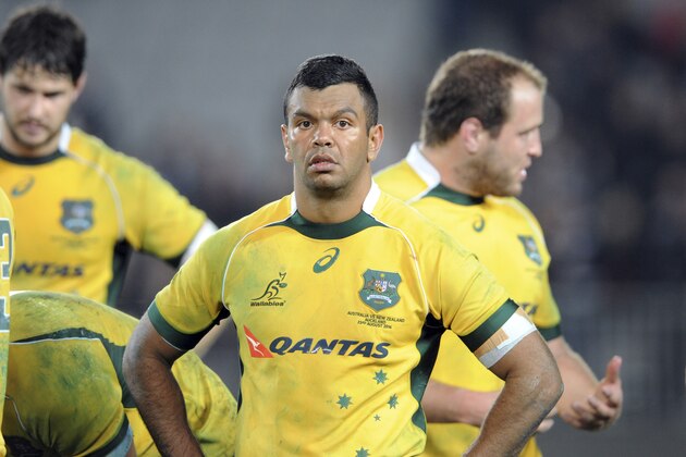 In this photo taken on Aug. 23, 2014 Australia’s Kurtley Beale reacts after the team was defeated by New Zealand during the International test Bledisloe Cup rugby match at Eden Park in Auckland, New Zealand. After a week of turmoil involving a star player and speculation over his coaching future, Ewen McKenzie has recalled Christian Leali'ifano to fill in for the suspended Beale in Australia's midfield for Saturday's test on Oct. 18, 2014, against New Zealand.(AP Photo/SNPA, Ross Setford)  NEW ZEALAND OUT