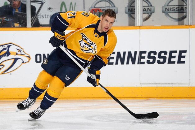 NASHVILLE, TN - DECEMBER 16: Derek Roy #21 of the Nashville Predators skates in warm-ups prior to the game against Boston Bruins at Bridgestone Arena on December 16, 2014 in Nashville, Tennessee. (Photo by John Russell/NHLI via Getty Images)