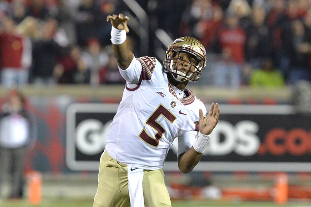Florida State quarterback Jameis Winston in action during the second half of their NCAA college football game in Louisville, Ky., Thursday, Oct. 30, 2014. (AP Photo/Timothy D. Easley)