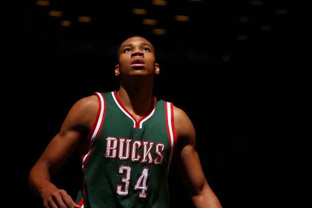 BROOKLYN, NY - NOVEMBER 19: Giannis Antetokounmpo 
#34 of the Milwaukee Bucks boxes out against the Brooklyn Nets on November 19, 2014 at Barclays Center in Brooklyn, NY. NOTE TO USER: User expressly acknowledges and agrees that, by downloading and or using this photograph, User is consenting to the terms and conditions of the Getty Images License Agreement. Mandatory Copyright Notice: Copyright 2014 NBAE (Photo by Nathaniel S. Butler/NBAE via Getty Images)