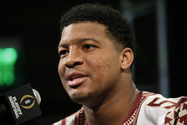 Florida State quarterback Jameis Winston answers questions from reporters during the team's media day Monday, Dec. 29, 2014, in Los Angeles. Florida State is scheduled to play Oregon in the Rose Bowl NCAA college football playoff semifinal on New Year's Day. (AP Photo/Jae C. Hong)