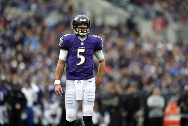 Baltimore Ravens quarterback Joe Flacco stands on the field between plays in the first half of an NFL football game against the Cleveland Browns, Sunday, Dec. 28, 2014, in Baltimore. (AP Photo/Gail Burton)
