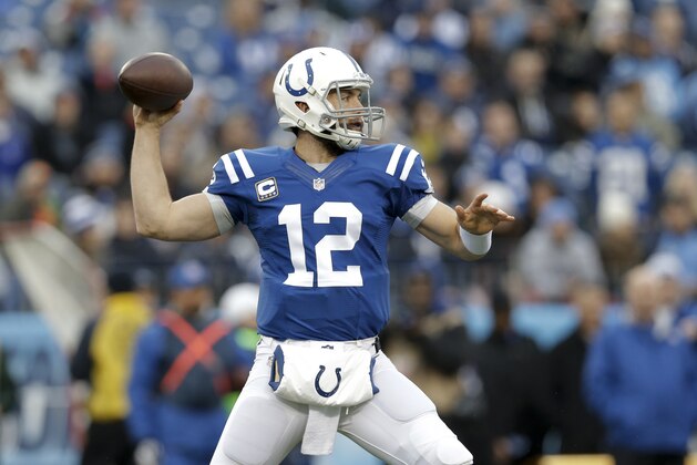 Indianapolis Colts quarterback Andrew Luck passes against the Tennessee Titans in the first half of an NFL football game Sunday, Dec. 28, 2014, in Nashville, Tenn. (AP Photo/Sanford Myers)
