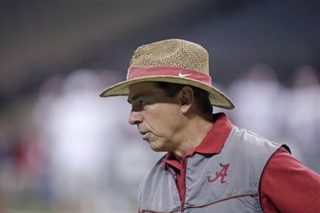 Alabama head coach Nick Saban runs practice at the Mercedes-Benz Superdome in New Orleans, Monday, Dec. 29, 2014. They will square off against Ohio State in the Allstate Sugar Bowl NCAA football game, which will be played Jan. 1, 2015. (AP Photo/Gerald Herbert)