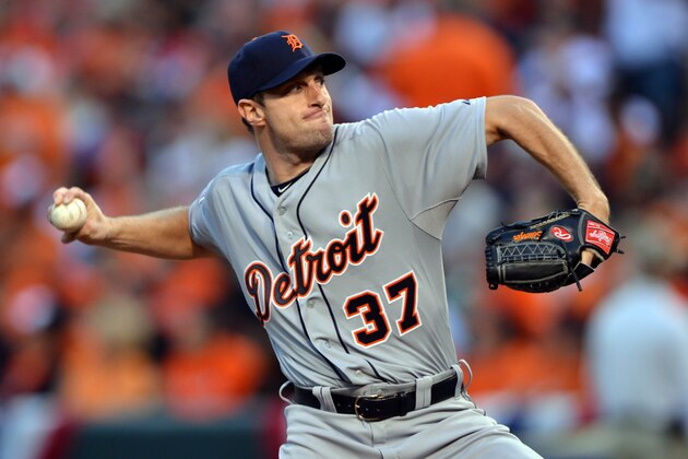 Oct 2, 2014; Baltimore, MD, USA; Detroit Tigers starting pitcher Max Scherzer (37) pitches in game one of the 2014 American League divisional series against the Baltimore Orioles at Oriole Park at Camden Yards.Mandatory Credit: Tommy Gilligan-USA TODAY Sports