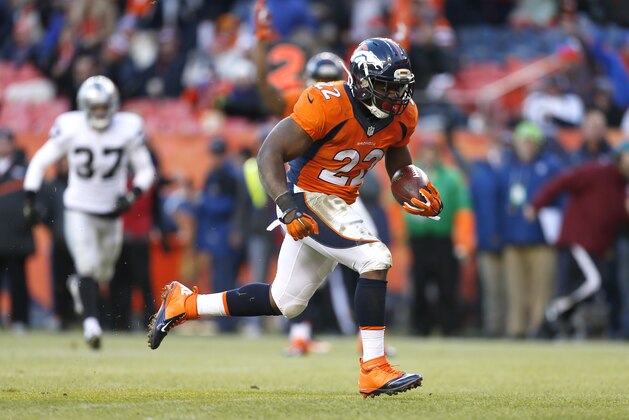 Denver Broncos running back C.J. Anderson (22) breaks free for his third touchdown run of the game against the Oakland Raiders during the second half of an NFL football game, Sunday, Dec. 28, 2014, in Denver. (AP Photo/Joe Mahoney)