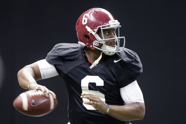 Alabama quarterback Blake Sims (6) drops back to pass during practice at the Mercedes-Benz Superdome in New Orleans, Monday, Dec. 29, 2014. They will square off against Ohio State in the Allstate Sugar Bowl NCAA football game, which will be played Jan. 1, 2015. (AP Photo/Gerald Herbert)