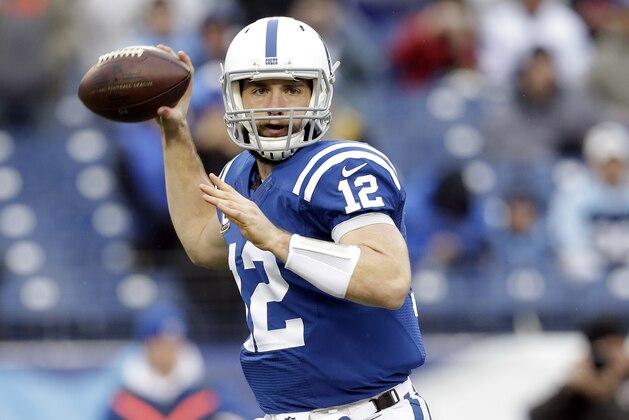 Indianapolis Colts quarterback Andrew Luck passes against the Tennessee Titans in the first half of an NFL football game Sunday, Dec. 28, 2014, in Nashville, Tenn. (AP Photo/Sanford Myers)