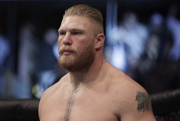 Brock Lesnar during a UFC mixed martial arts match with Cain Velasquez in Anaheim, Calif., Saturday, Oct. 23, 2010. Velasquez won by TKO in the first round. (AP Photo/Jae C. Hong)