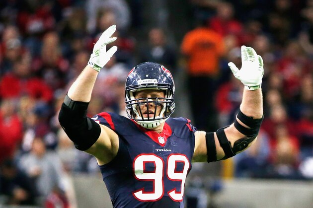 HOUSTON, TX - DECEMBER 28:  J.J. Watt #99 of the Houston Texans in action on the field during their game against the Jacksonville Jaguars at NRG Stadium on December 28, 2014 in Houston, Texas.  (Photo by Scott Halleran/Getty Images)